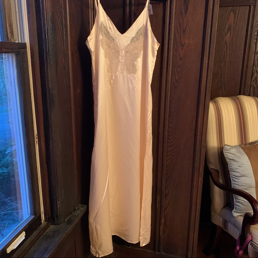 Tracy silk embroidered butterfly sheer slip dress in soft pink - small
